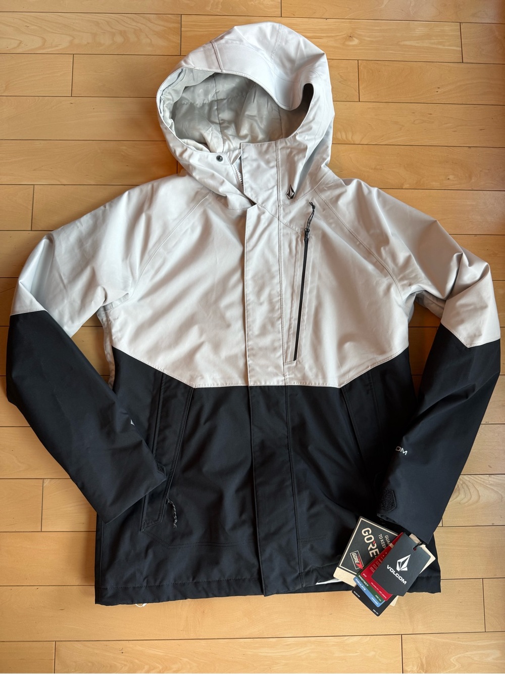 Volcom Two-Tone Hooded Ski Jacket in White and Black